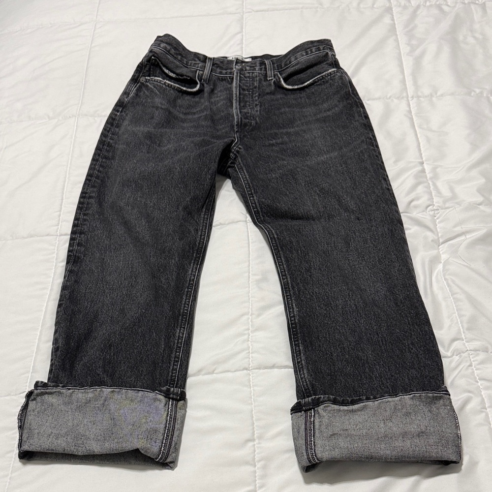 Agolde Fran black wash Denim Jeans. Loose fit with optional cuff. Button fly.